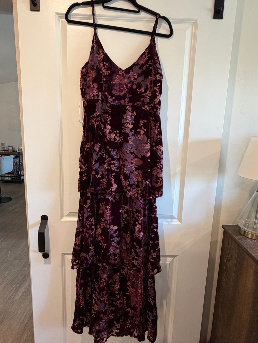 Lulu's Burgundy Floral Velvet Tiered Slip Dress